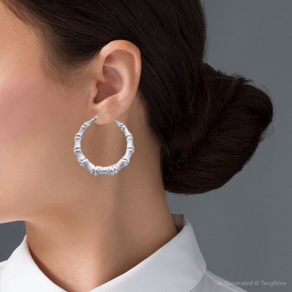 Stunning Graduated Diamond-Cut Bamboo Hoop Earrings 925 Sterling Silver - Picture 11 of 14